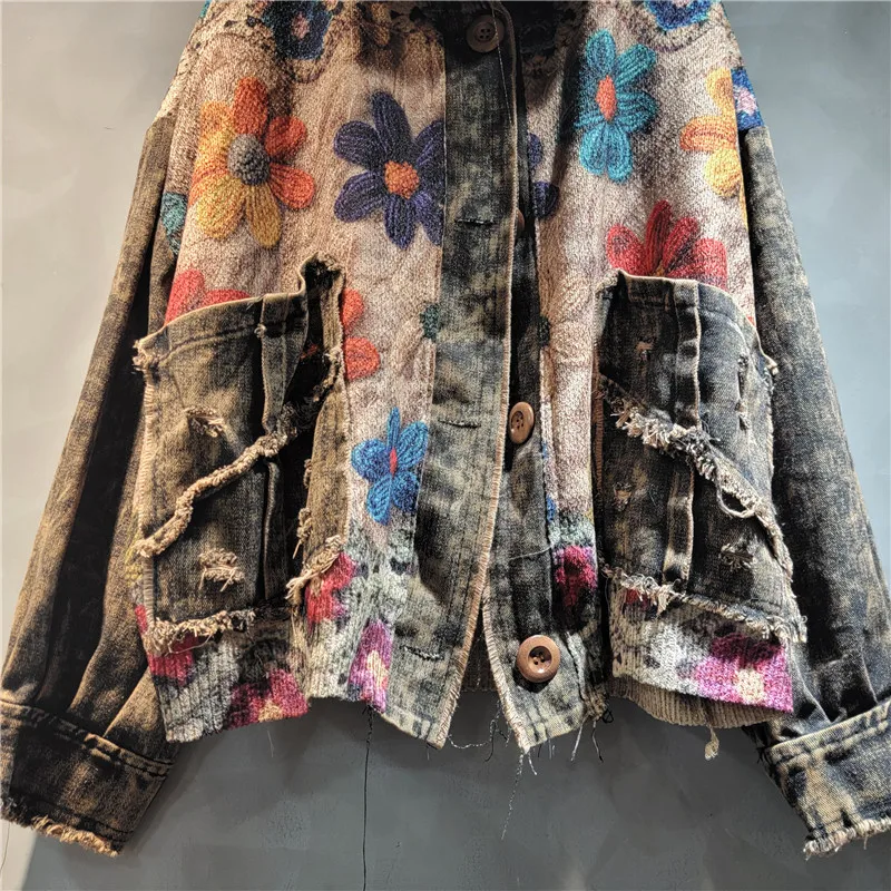 Fashion Versatile Loose Contrasting Color Printing Splicing Old Color Denim Hooded Cardigan Jacket Women 2024 Autumn New Coats