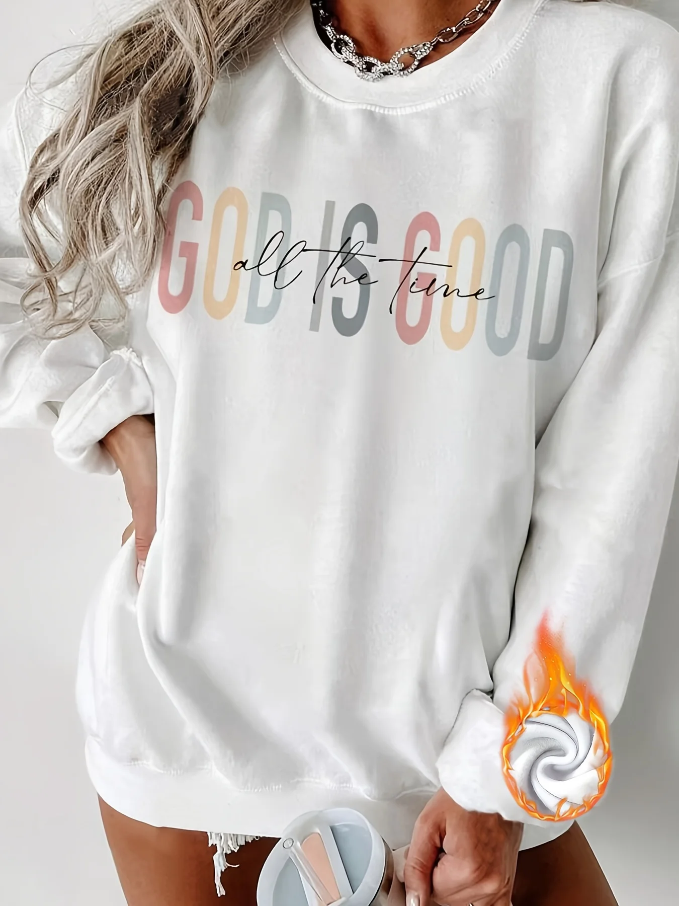 

Women's Fashion Sweatshirt "GOD IS GOOD" Colorful Letter Print Casual Round Neck Long Sleeve Top Polyester Knit Winter Hoodie