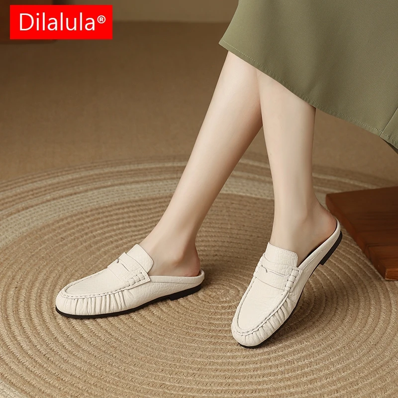 

Dilalula 2026 Plus Size Real Leather women's Mules Covered Toe Flat Heel Pleated Slippers Female Comfort Leisure Shoes Vacation
