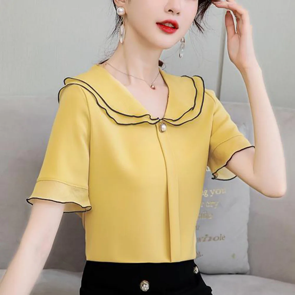 Blouse Shirt Stylish Summer Thin All-match Casual Chiffon Comfortable Fashion Patchwork Short Sleeve Brand New