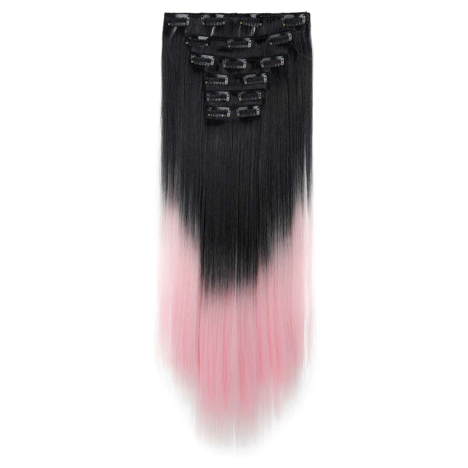 Ekstensi Rambut 6 Buah/Set Rambut Jepit 24 Inci Panjang Lurus Tebal Sintetis Coklat Ombre Seluruh Kepala Mudah Dipakai untuk Wanita