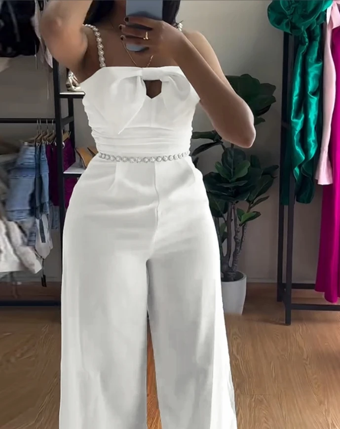 Bow design pleated slim fit jumpsuit