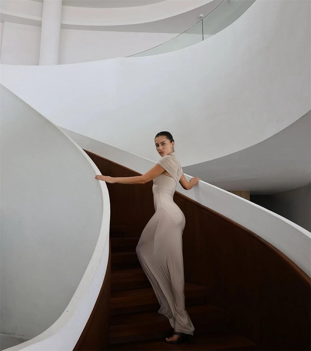 

Customized Soft Jersey Evening Dress Exquisite High Collar Short Sleeves Celebrity Gowns High Quality Special Occasion Gowns