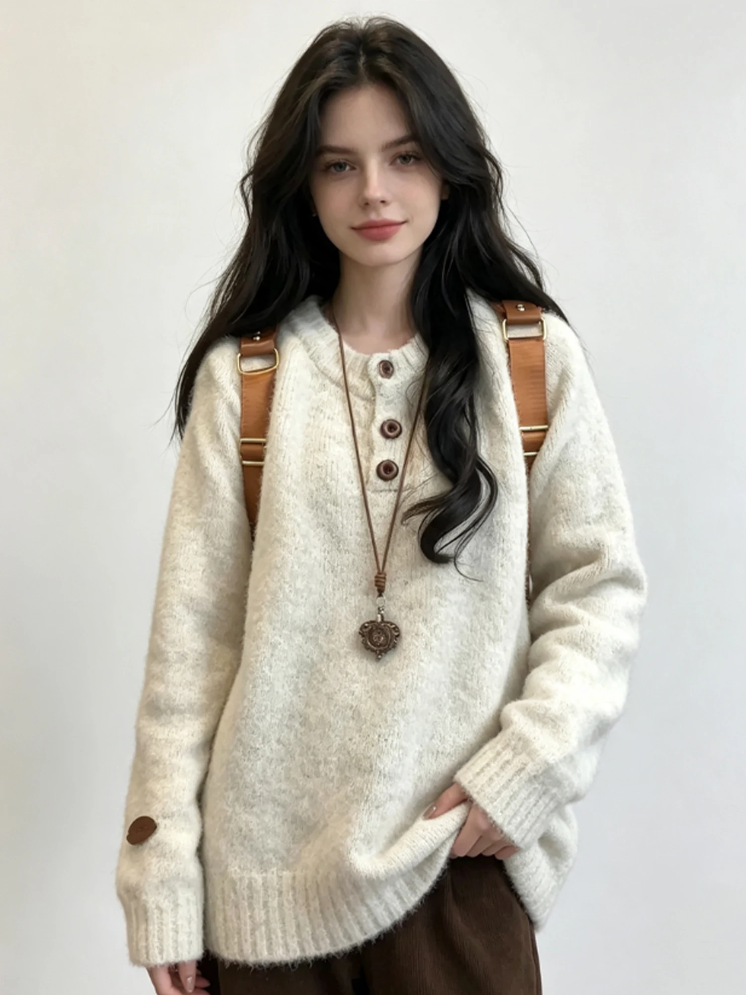 Women Apricot Pullover Sweater Y2k Gyaru Vintage Oversize O-Neck Long Sleeve Thick Cashmere Sweater Korean Style Knit Top Autumn