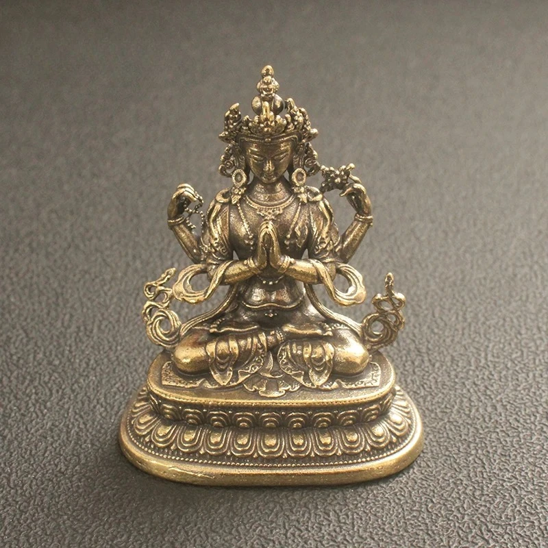 Pure Brass Four Arm Guanyin Ornament Decorative Desktop Crafts of Bodhisattva Buddha Statues Bronze Ware in The Buddhist Temple