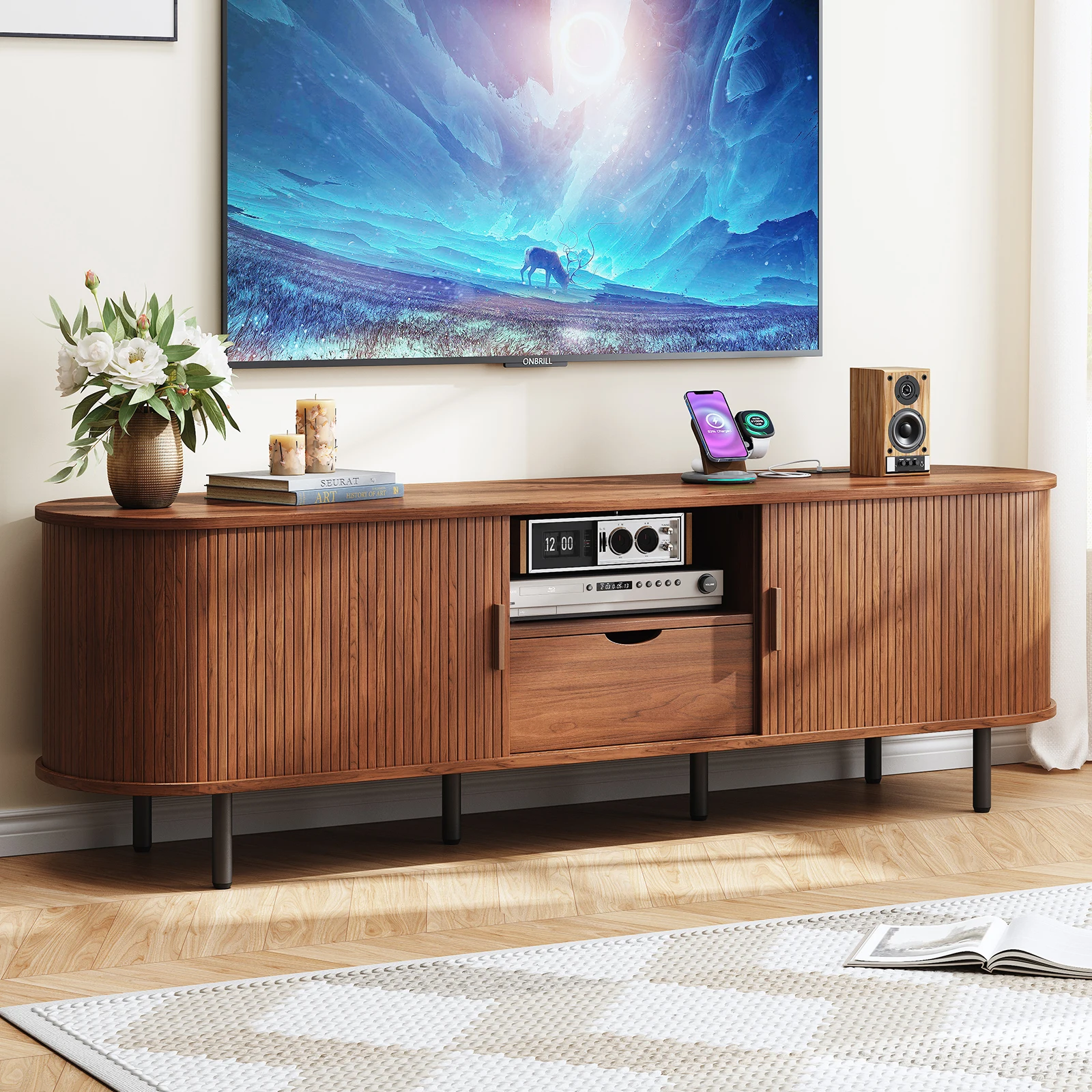 69 Inch TV Stand, TV Console for TVs up to 80",Entertainment Center w/ Storage & Drawer,TV Console w/ Adjustable Shelves