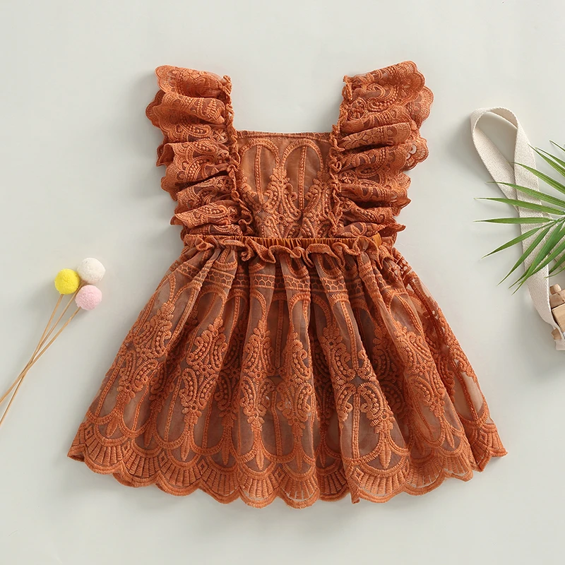 0-24months Baby Girl Summer Lace Romper Dress Ruffle Sleeve Backless Solid Green Pink Brown Bodysuit Dress For Infant Girls