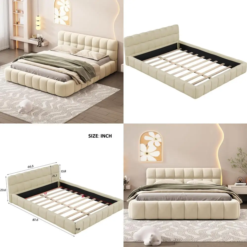 

Кровать-платформа с мягкой обивкой размера «queen-size» из плотной ткани, элегантный льняной напольный каркас кровати размера «queen-size» с мягким изголовьем, деревянные рейки