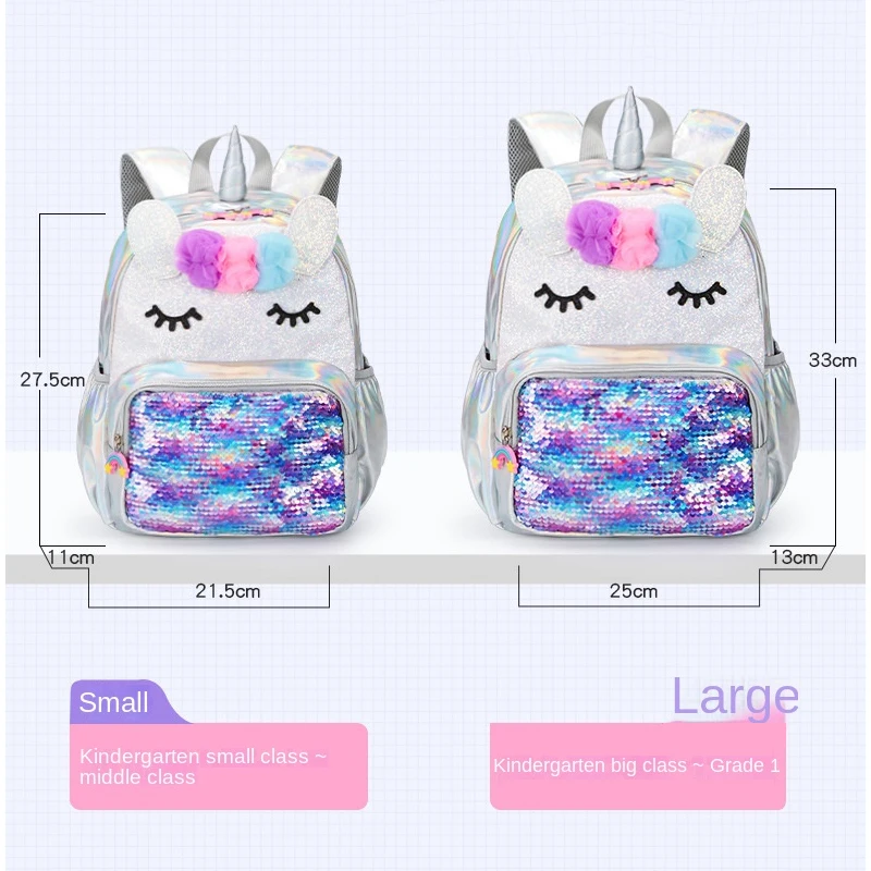 Kindergarten School Bags Children Cartoon Backpacks For Girls Sequins Rainbow Unicorn Kids Anti-Lost Small Bags