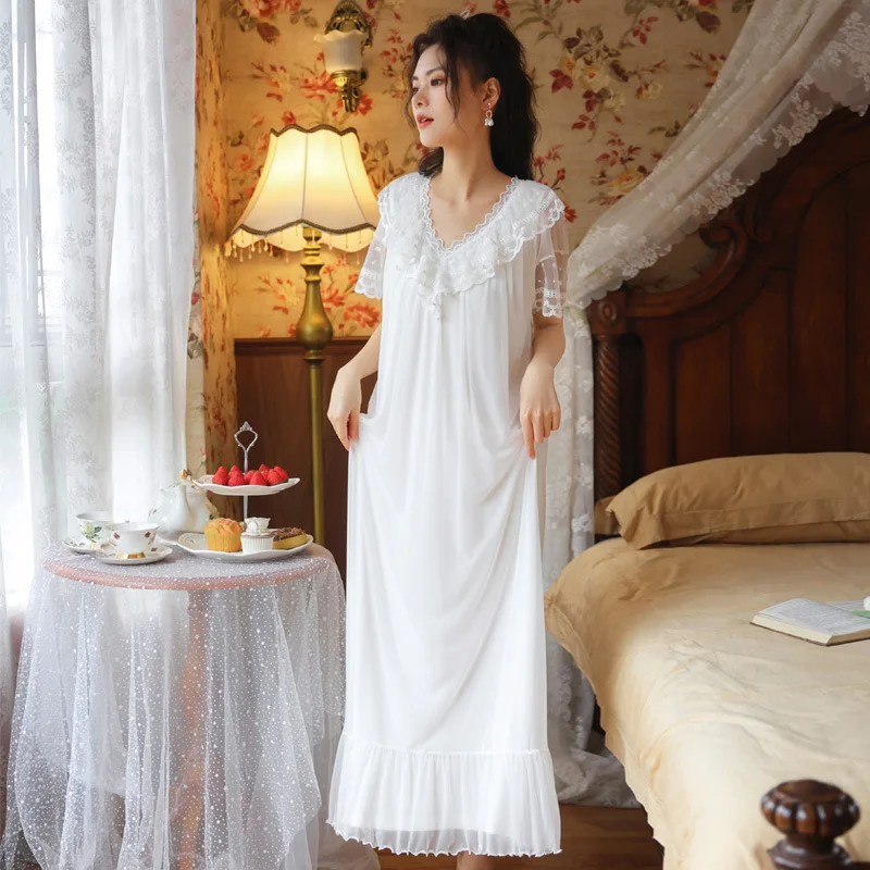 Women V-neck Short Sleeve Dress Lady Loose Casual Homewear Female Lace Summer New Comfort Sleepwear Nightdress