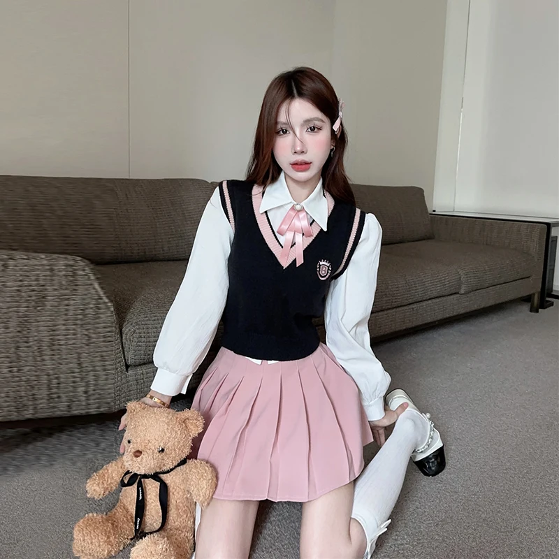 Korean Chic School Uniform Girls Spring/Autumn American Style JK Uniform Set Women's Vest Shirt+Knitted Vest+ Pleated Skirt Pink