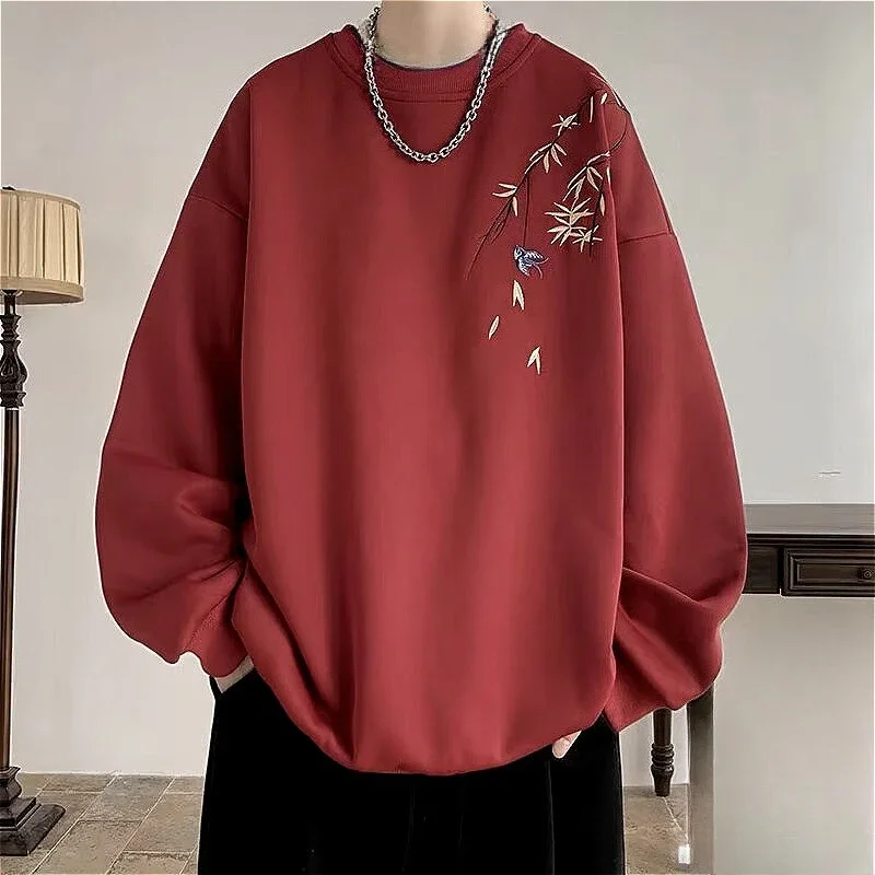 New Chinese Bird Print M-8XL Men Oversized Sweatshirt Fashion Loose Long Sleeve Couple Clothes