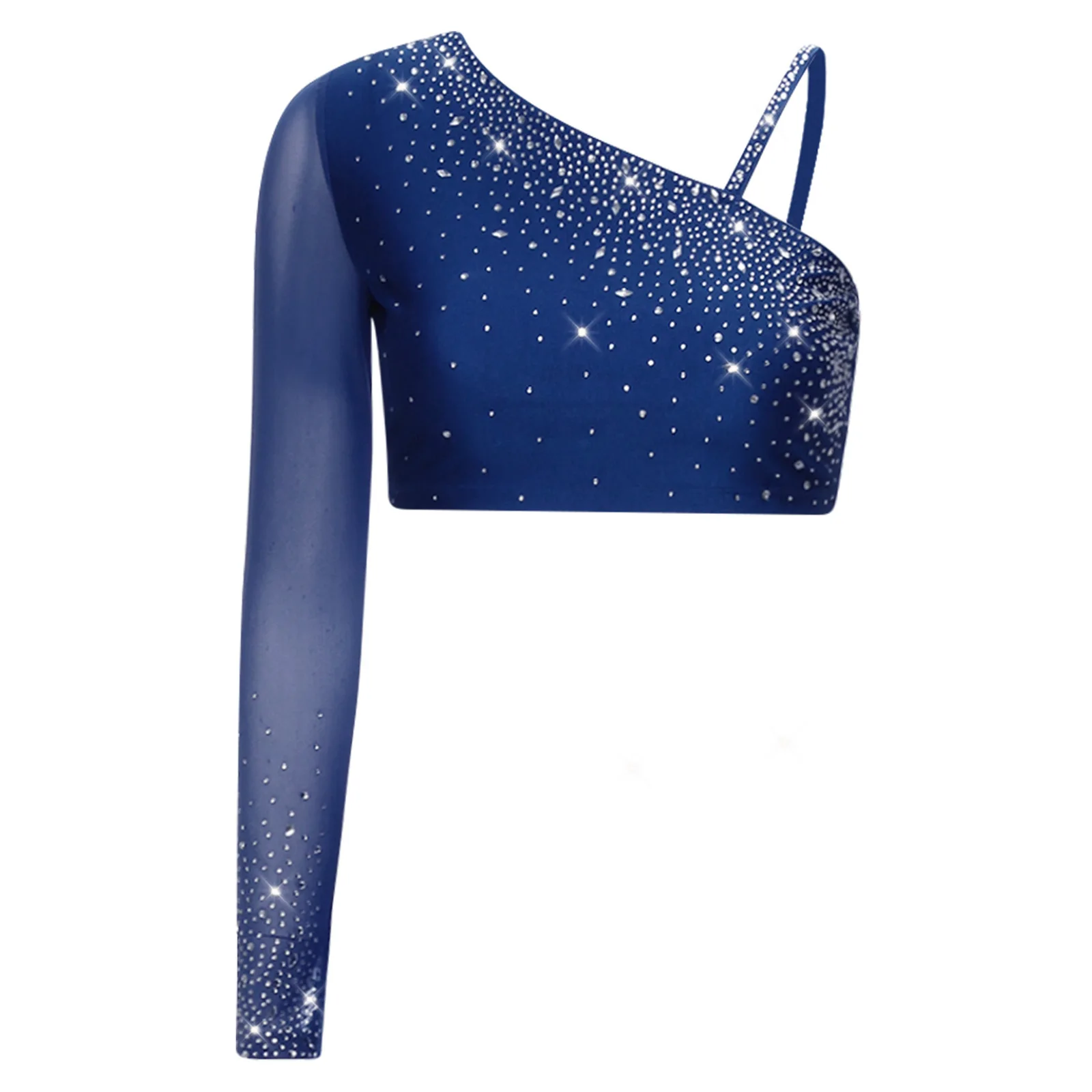 ผู้หญิง Lyrical Dance Crop Tops หนึ่งตาข่ายแขนยาว Rhinestones Pullover Cropped เสื้อยิมนาสติกสเก็ต Modern Dancewear