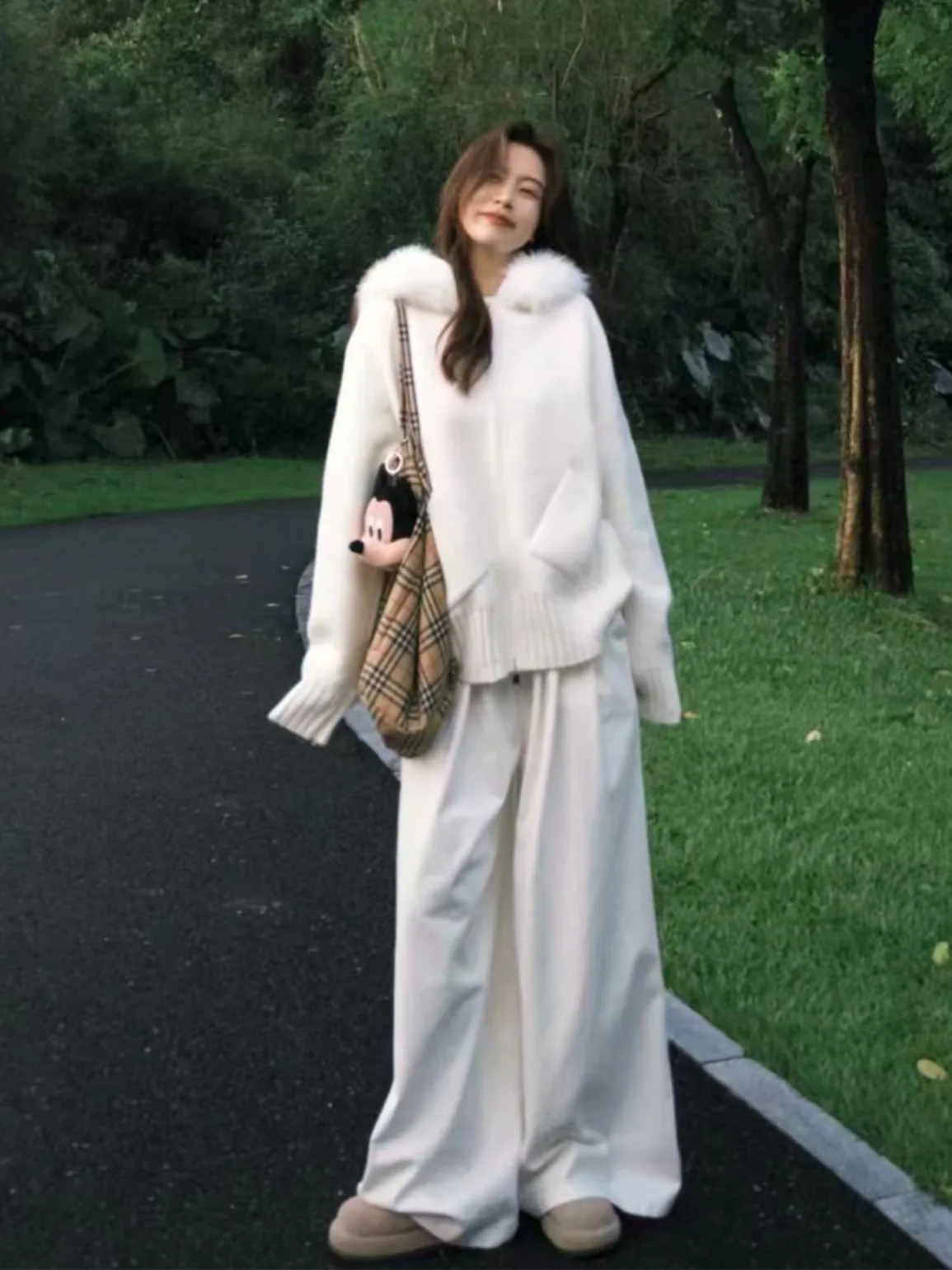 

White Hooded Zipper Knitted Sweater Coat Women's Autumn Winter Lazy Sle Chic Top Thiened Long Sve Ultra ort Length