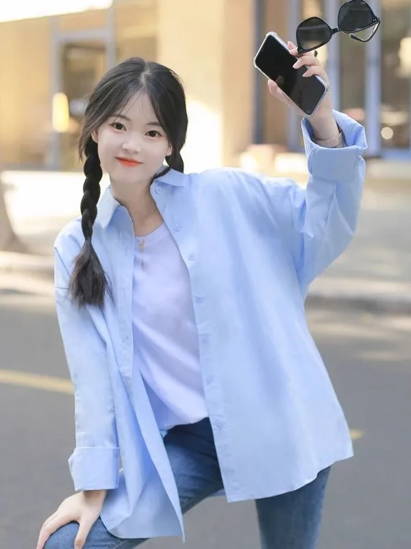 

Blue Women's Shirt Loose Long Sleeve Sun Protection Mid-Length Outerwear Lazy Style Versatile Top Korean Design Sensation