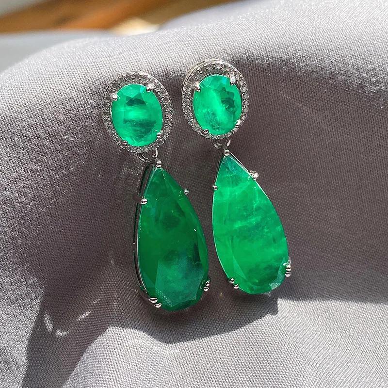 JitDoo Charms Drop Big Earrings for Women Vintage Paraiba Tourmaline Emerald Gemstone Wedding Party Earrings Fine Jewelry Gift