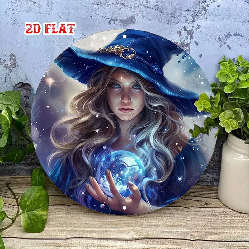 2D Flat, 1pc Witch & Wizard-Themed Round Metal Wall Art - Mystical Blue Witch with Crystal Ball & Glowing Orb, Retro Gothic Alum