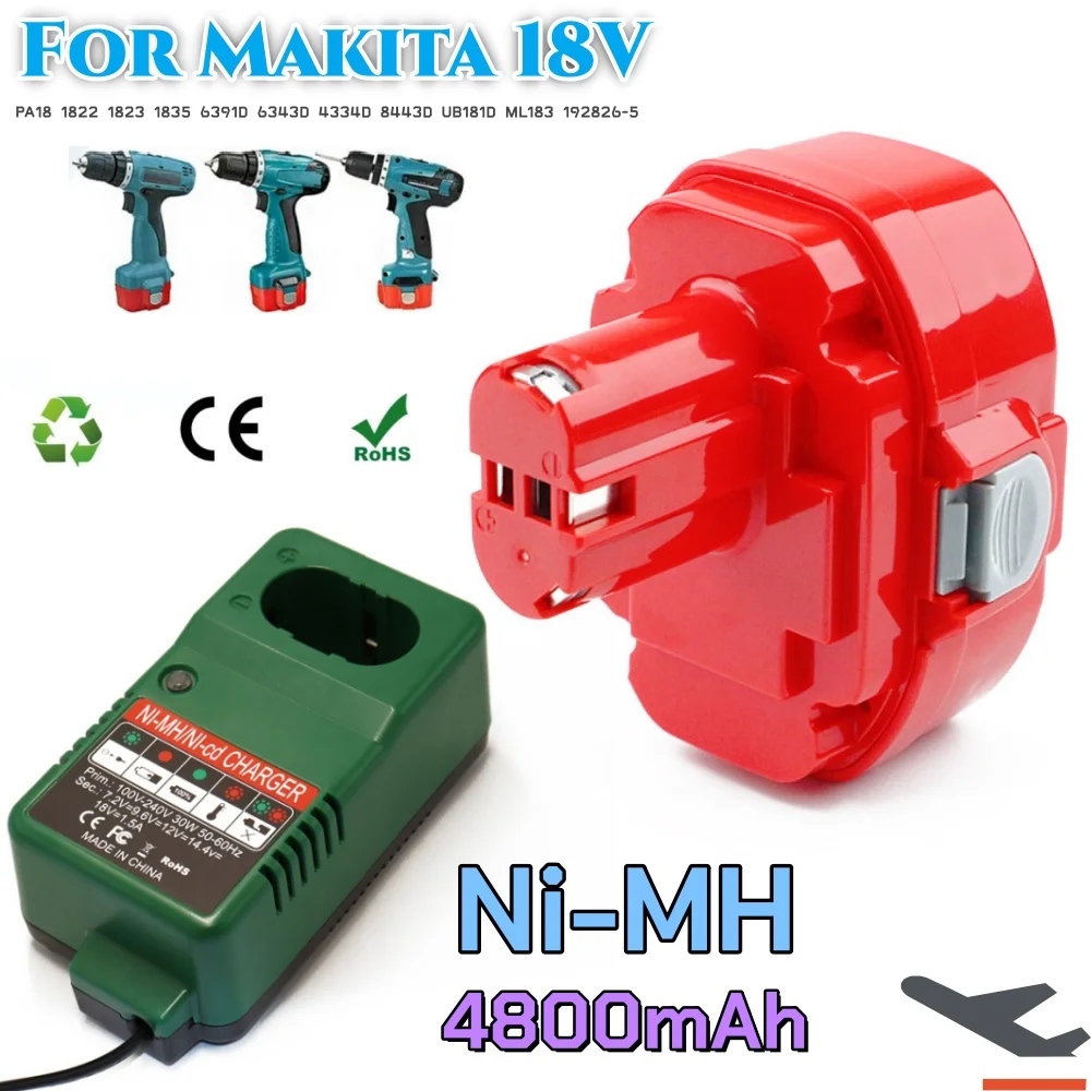 

Для аккумуляторов Makita 18 В, Ni-MH аккумуляторная батарея 4,8 мАч для электроинструментов Makita PA18 1822 1834 1823 1833 1835 192827-3