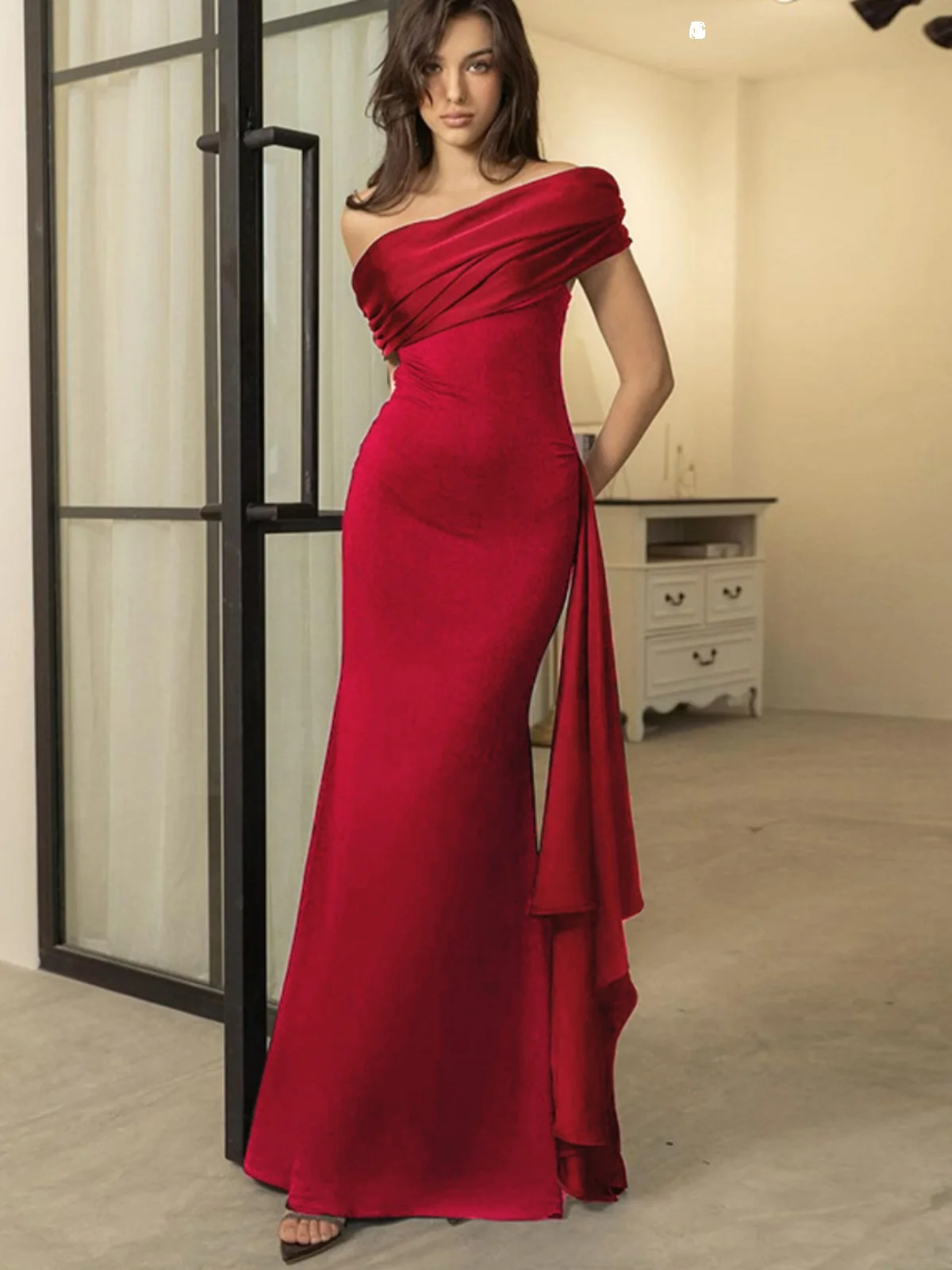 エレガントなハイウエストスプライスデザインワンショルダードレスセクシーガールフィッシュテールイブニングガウン上品な女性用ポリエステルスパンデックス混紡