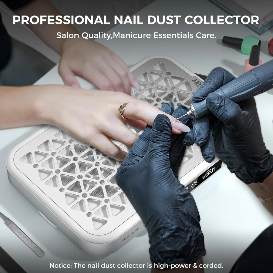 Coletor de pó profissional para unhas, 1600pa, portátil, 10 velocidades, papéis de filtro descartáveis, 30 peças, branco fosco, moderno, leve