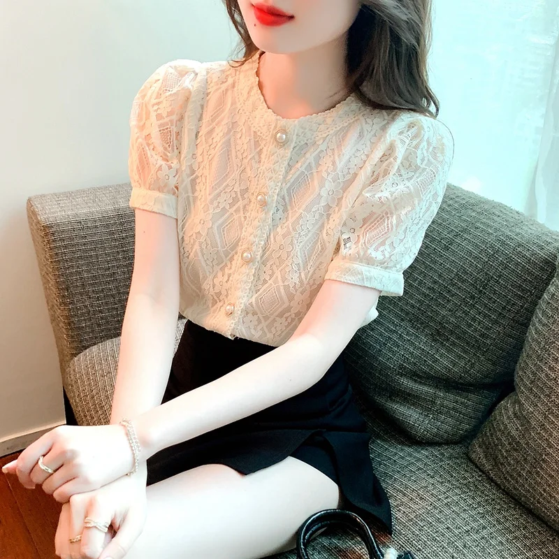 2023 Summer New Round Neck Short Sleeve Lace Blouse Tops Fashion Casual Korean Women's Shirt Clothing