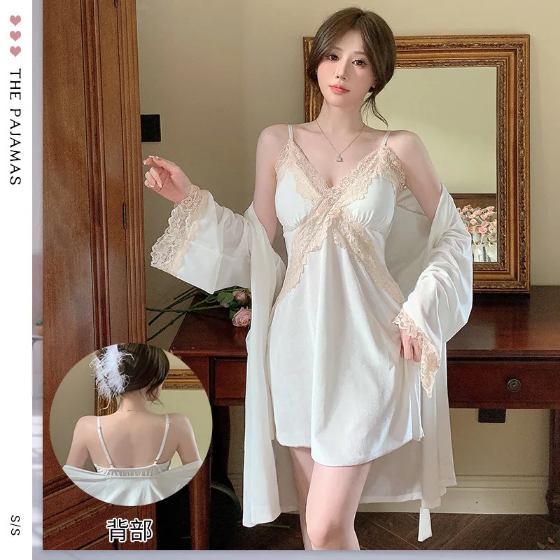 

Autumn Winter New Velvet Sleepwear Sexy Velour Female Kimono Bathrobe Gown Nightgown Loose Lace Home Wear Suspender Nightdress