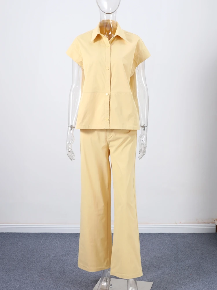 

Vintage Women's Waistcoat Pant Suits Set Short Sleeve Jacket With Wide Leg Baggy Pants Solid Suit for Office Casual Daily Wear