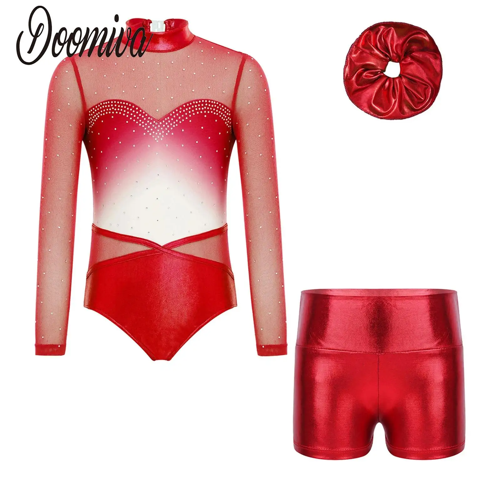 

Kids Girls Acrobatics Figure Skating Gymnastics Dance Outfits Long Sleeve Mesh Patchwork Rhinestones Leotard Shorts And Hairband
