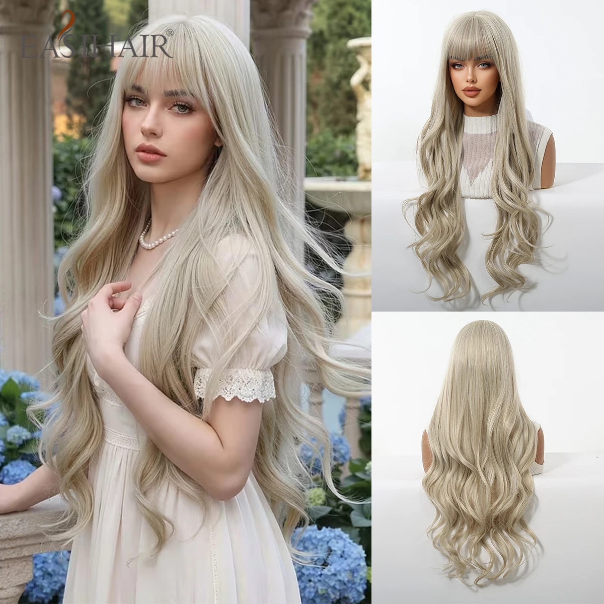 EASIHAIR 30 Zoll lange gewellte synthetische Perücken für Frauen, weißblonde gewellte Perücken mit Pony, lange Naturhaarperücken für den täglichen Gebrauch, Cosplay