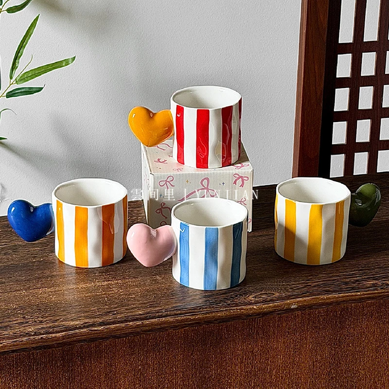Creative Heart-Shaped Handle Mug Minimalist Contrasting Color Striped Ceramic Water Cup Household Underglaze Color Coffee Cups