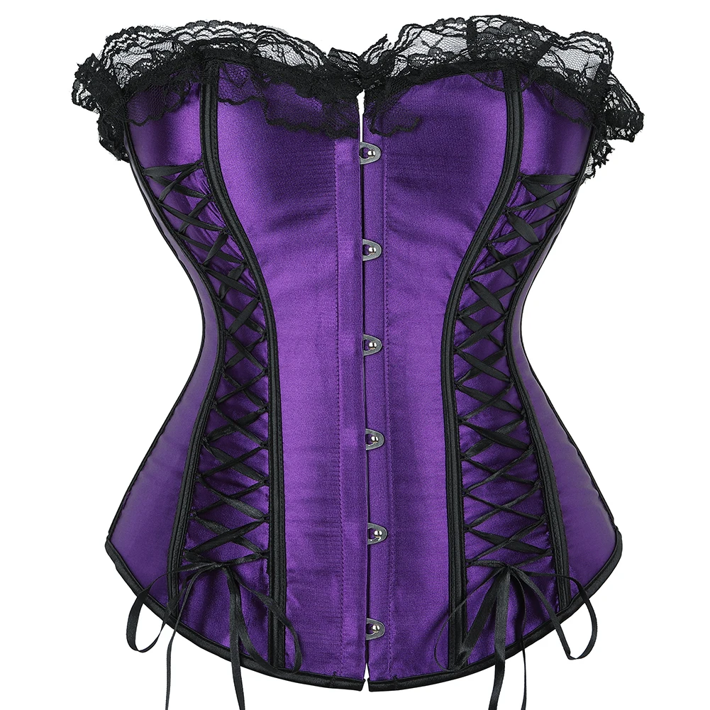 

Vintage Corset For Women Sexy Overbust Corsets Purple Lace Up Boned Bustiers Victorian Ribbon Satin Slim Corselet