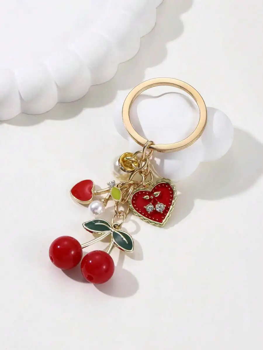 

Exquisitely Designed Faux Pearl Cute Creative Red Cherry Faux Pearl Keychain Valentine's Day Gift Souvenir Car Accessories Bag C