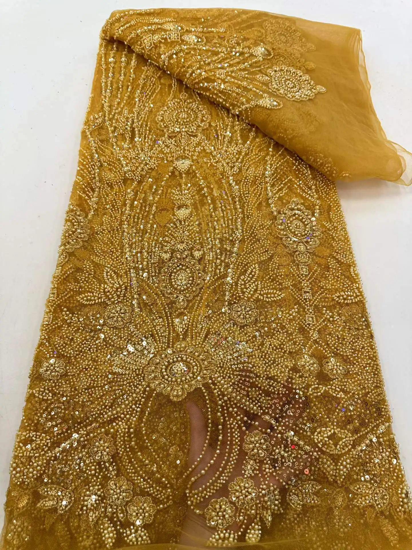 

Luxury Gold African Sequins Beaded Lace Fabric 2026 High Quality Lace 5 Yards French Lace Fabric Nigerian Lace Fabrics Party