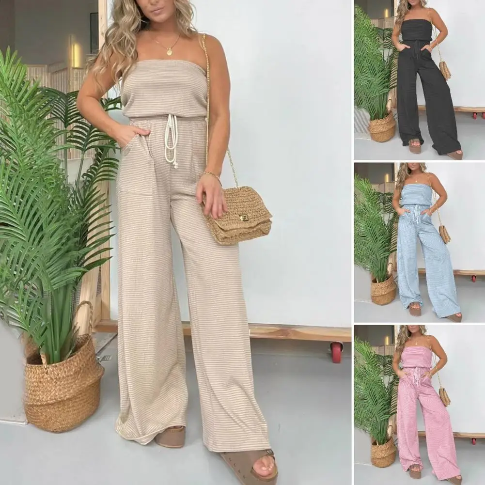 Lady Long Jumpsuit Women Wide-leg Jumpsuit Striped Print Off Shoulder Jumpsuit with Side Pockets for Women Vacation Beach Wear