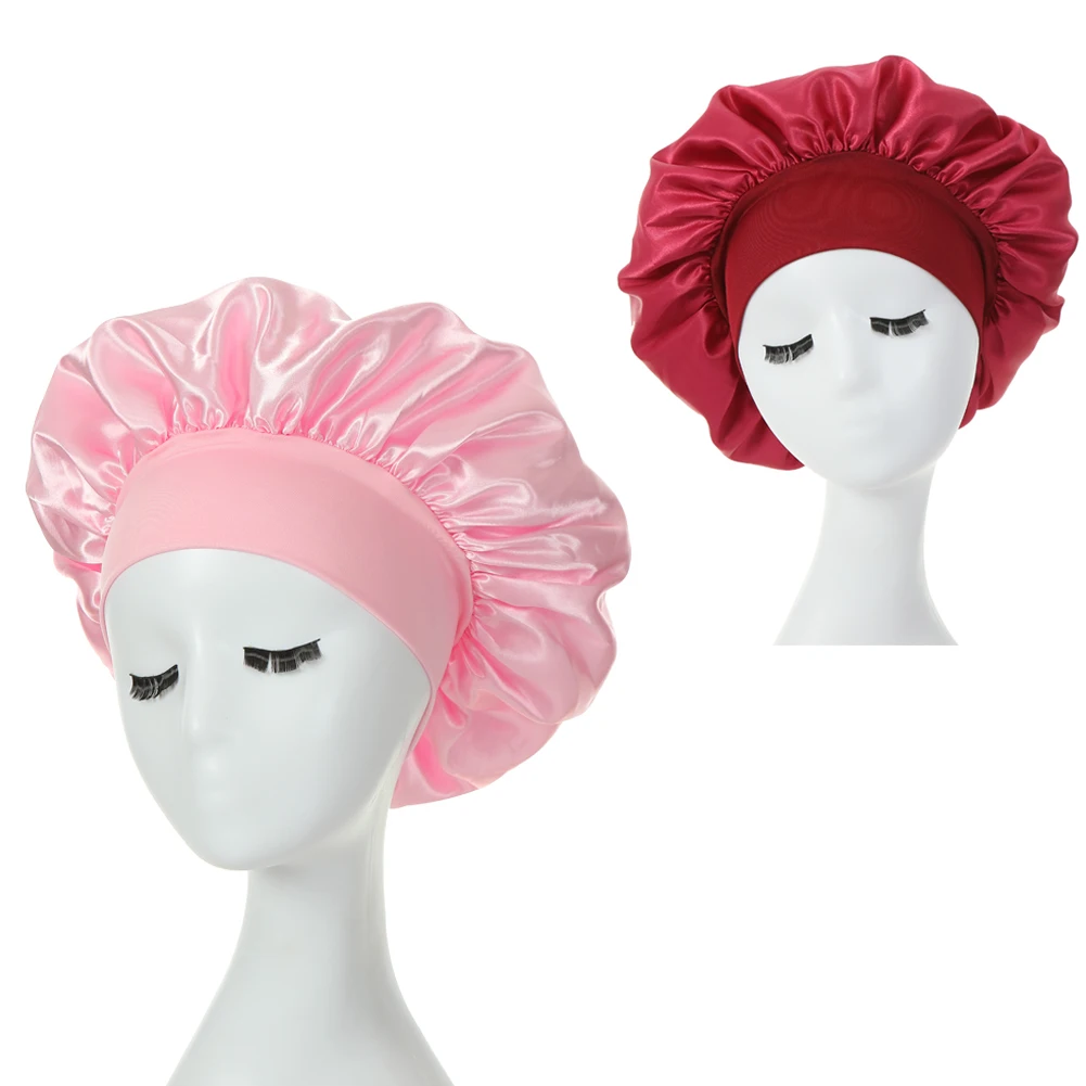 2PCS Milk Imitation Silk Wide Brim Satin Cloth Women's Hair Hat Bonnet Elastic Band Headwear bonnets for women