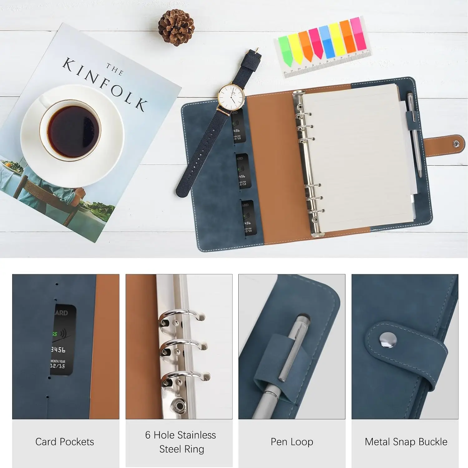 A5 PU Leather Binder 6-Ring Notebook Binder with Refill Paper, Sticky Notes and Magnetic Buckle for 6 Hole A5 Filler Paper