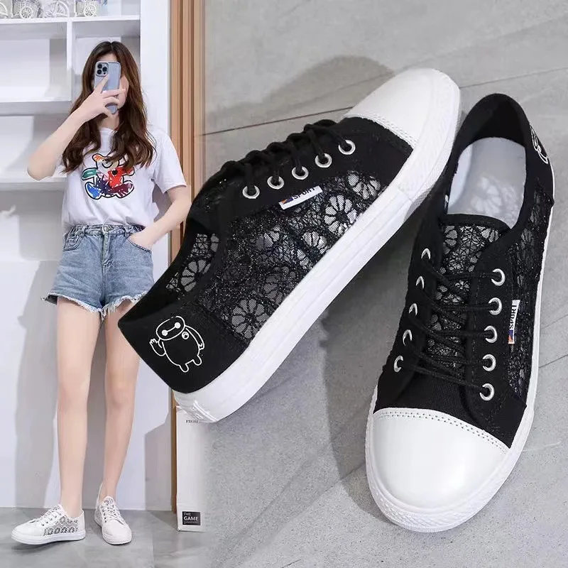 

Ladies Canvas Shoes Small White Shoes Lace Breathable 2023 New Summer Student Mesh Casual Lace-up Black Flat Shoes Sports Shoes