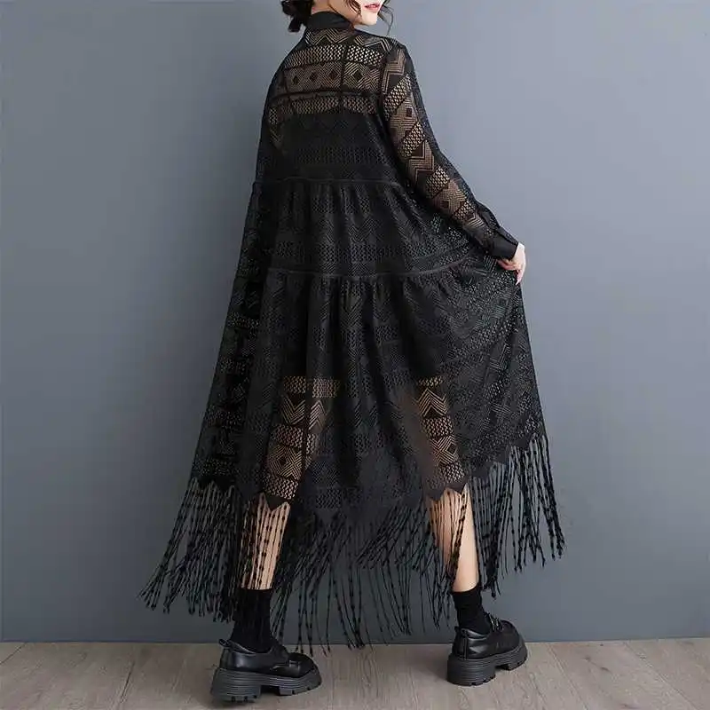 Damen-Hemdkleider, solides Kleid, Ausschnitt, Spitze, gespleißt, lange Ärmel, knöchellang, lockere Passform, gerade, Bürodame, lässig, 2025, Herbst