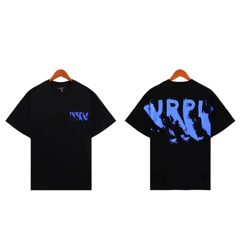 

American Purple T-shirt Retro Splash Ink Letter Print Short Sleeved Summer Men's Women's Hip Hop High Quality Casual Top Tee