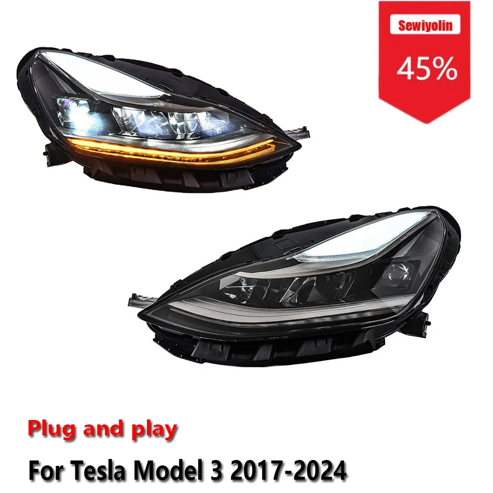 

Автомобильные светодиодные фары Sewiyolin в сборе для Tesla Model 3 2017-2024, противотуманные фары DRL, стоп-сигнал поворота, Plug and Play
