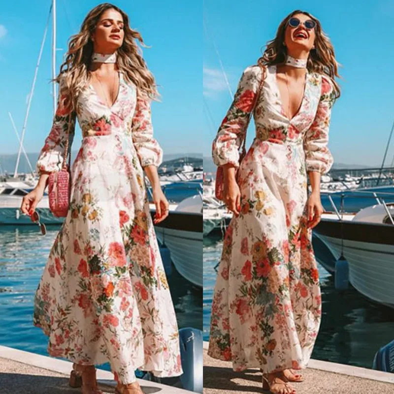 فستان طويل الأكمام بتصميم V عميق وطباعة زهور، أنيق للاستخدام اليومي، خصر متوسط، تنورة على شكل خط A، مصنوع من قماش البوليستر، ...