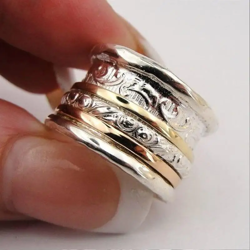 Huitan Vintage Style Three Tone Ring for Women Engraved Design Tribal Modern Jewelry Party Statement Metal Accessories for Lady