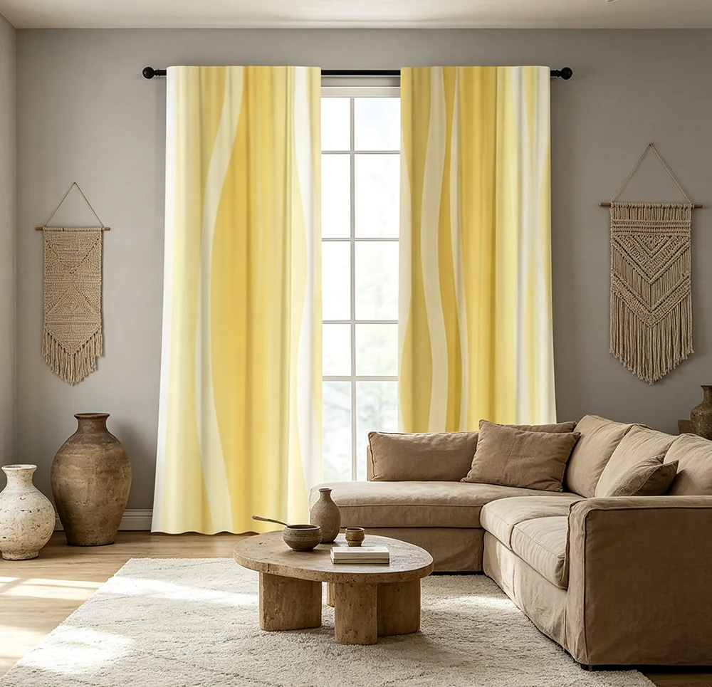 2PCS Digital Printed Curtains, Light Yellow Stripe Line Minimalist, Rod Pocket Window Drapes for Living Room Bedroom Decor