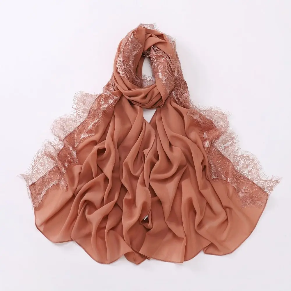 Vielseitiger Einfarbiger Seidenschal mit Spitzenkante Langer Chiffon-Hijab Weicher Atmungsaktiver Ramadan-Kopftuch Damen-Kopfbedeckung – Detail 6
