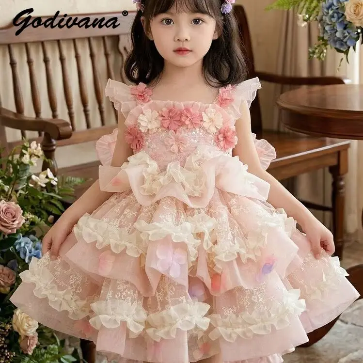 Sweet Baby Girls Summer New Heavy Pink Lolita Tutu Dress Kids Lace Trim Bow Train Sleeveless 3D Floral Tulle Birthday Party Gown