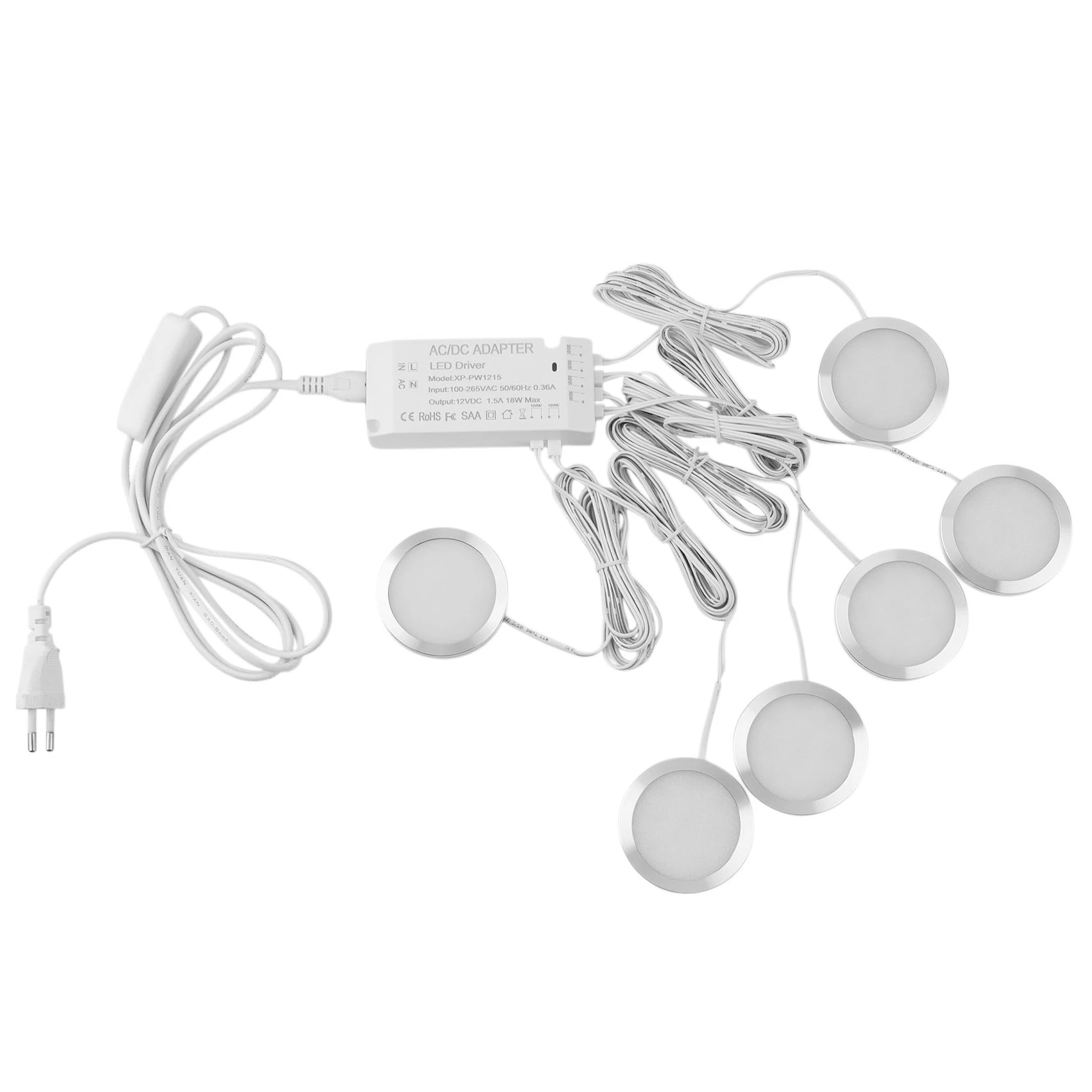 6PCS Under Cabinet Light Kitchen Lights 12V 2.5W Dimmable Light Kit with Switch Showcase Lamp, EU Plug Warm