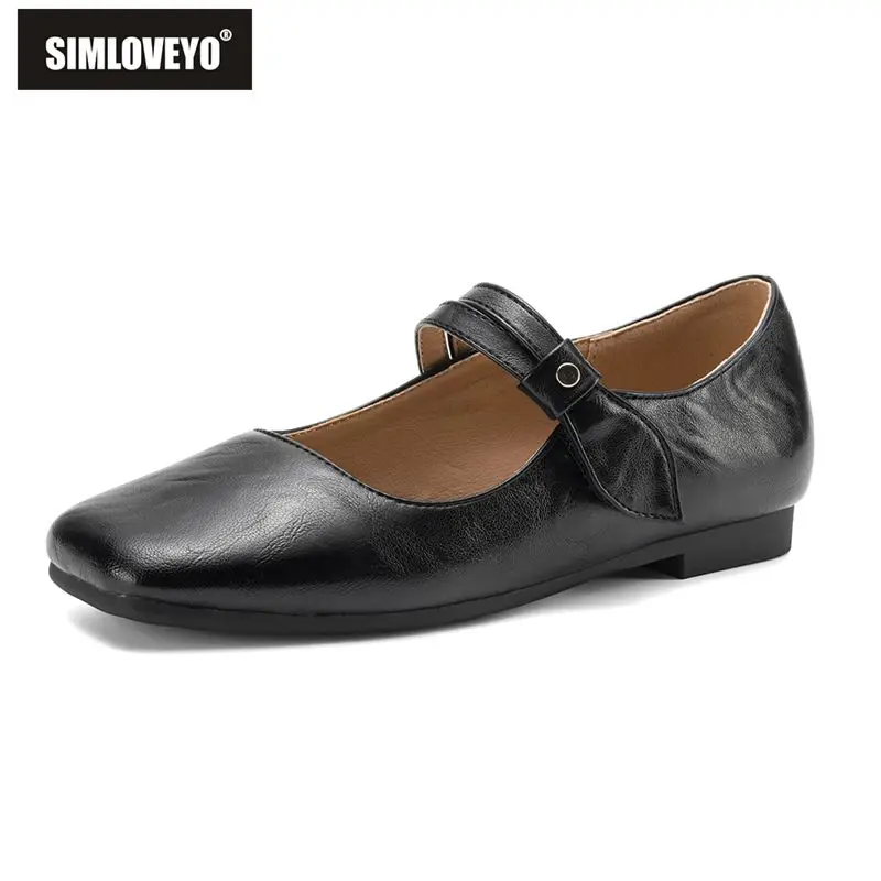 SIMLOVEYO 2026 New Ladies Flat Mary Janes Square Toe Hook Loop Fastener  Sizes 32 33 Soft Dating Footwear