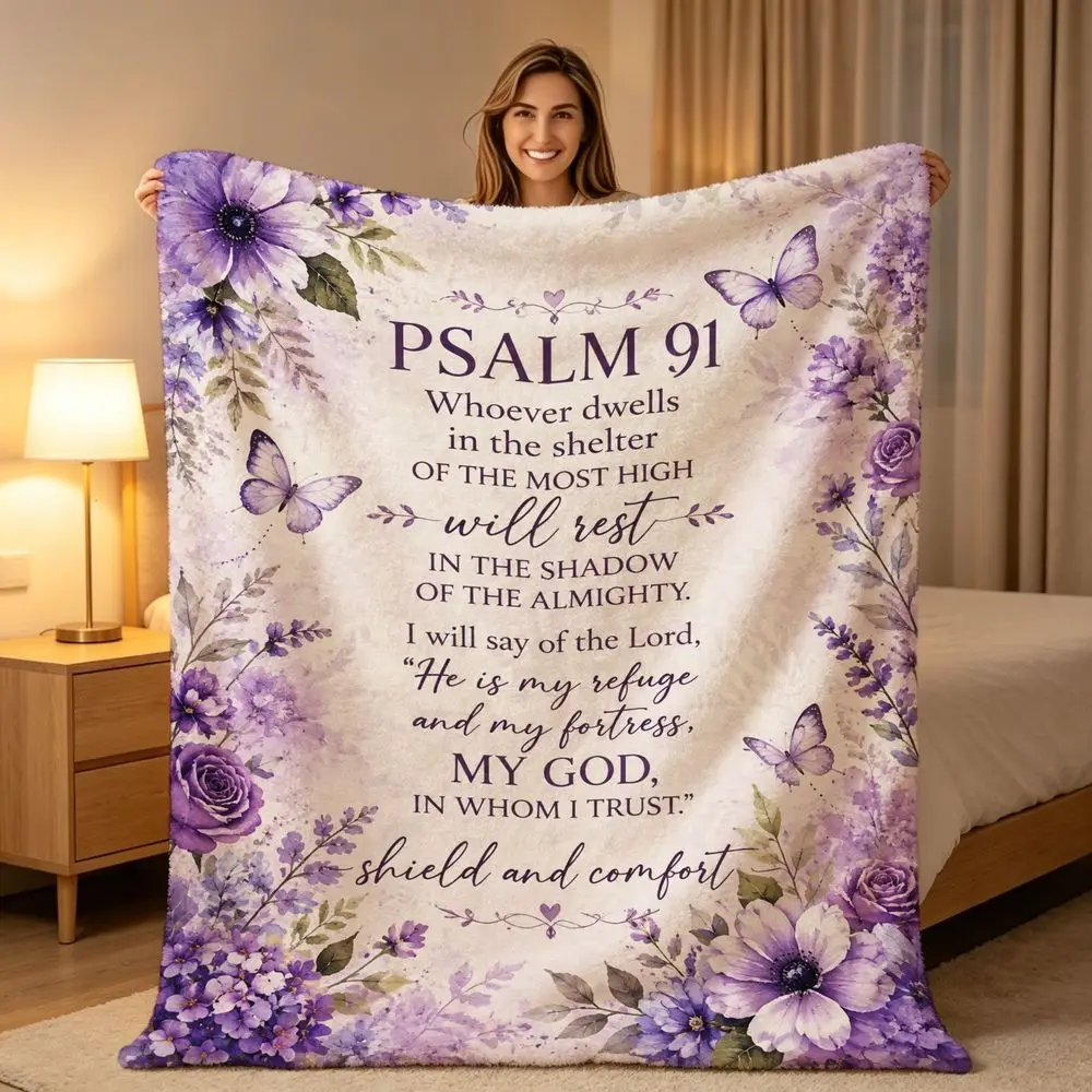 Psalm 91 Bible Verse Flannel Blanket Floral Butterfly Christian Scripture Throw Blanket for Sofa Bed Couch Bedroom Living Room Religious Home Decor Prayer Gift Church Gift Cozy Nap Blanket Office Travel Faith Bedding Inspirational Spiritual Room Accent