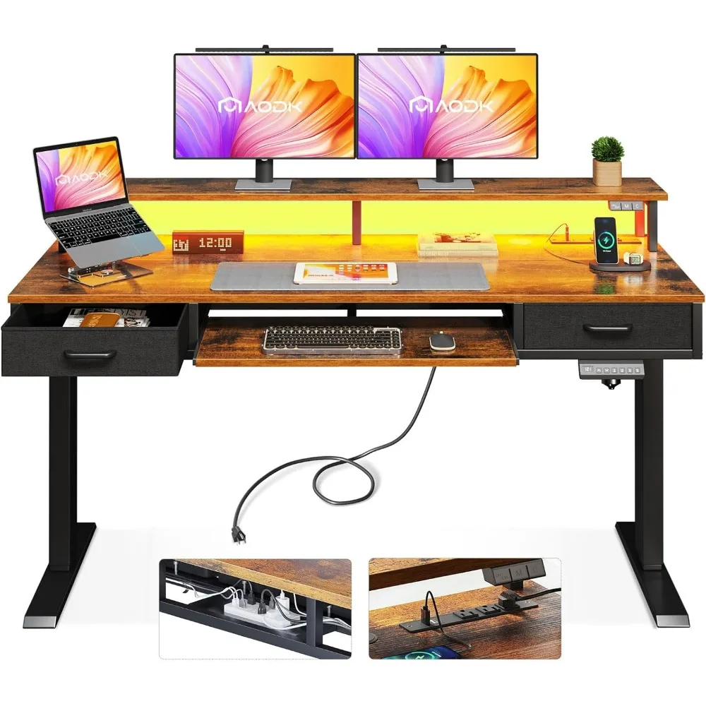 

Electric Standing Desk with 2 Drawers & Keyboard Tray and USB & LED Lights, Adjustable Desk, Stand Up Desk with Monitor Shelf