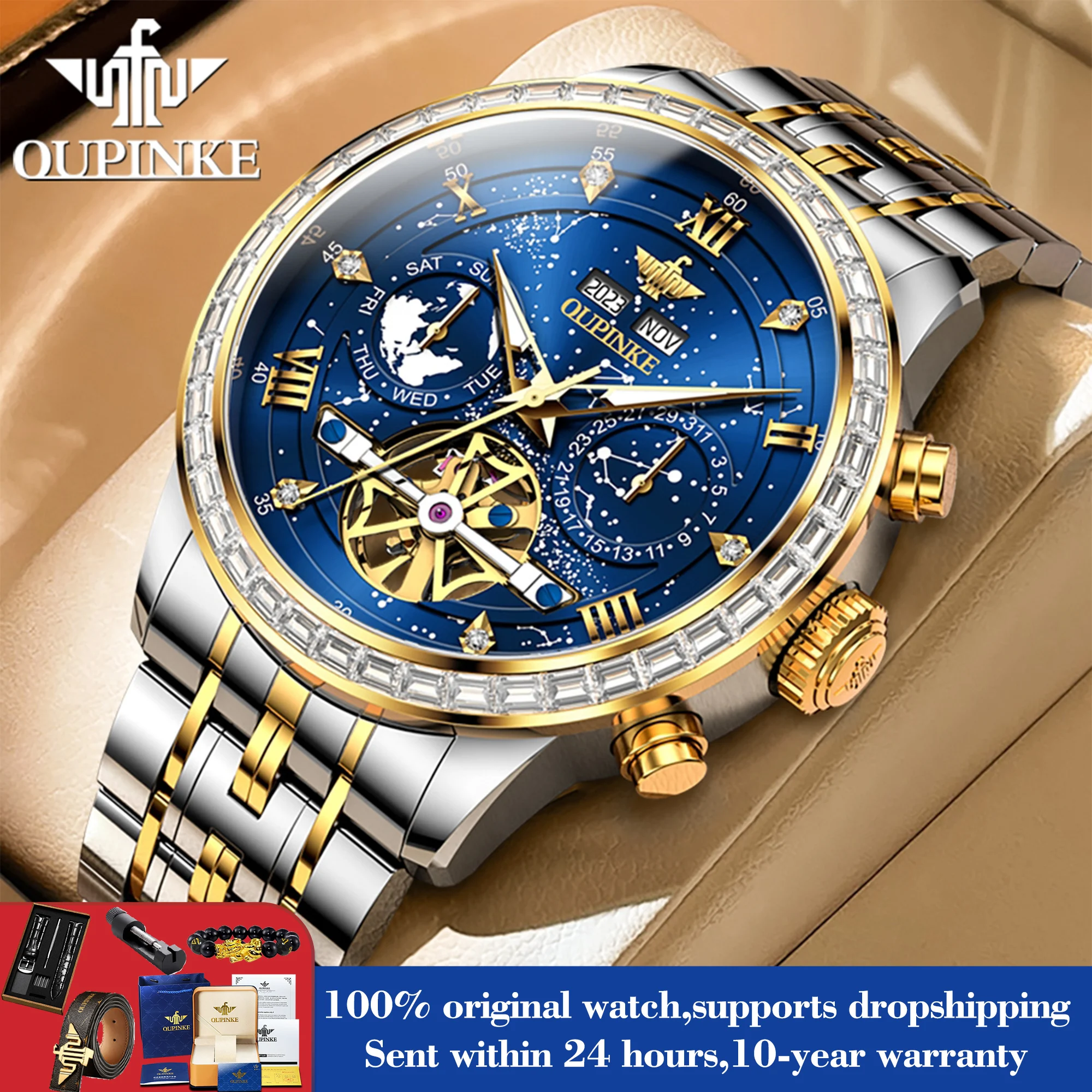 OUPINKE 3255 Luxury Automatic Watch For Men Starry Sky Dial Hollow Mechanical Hand Clock Auto Date Waterproof Man Dress Watches